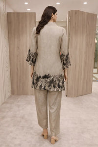 Women's Beige Silk Printed Kurta Pant Set