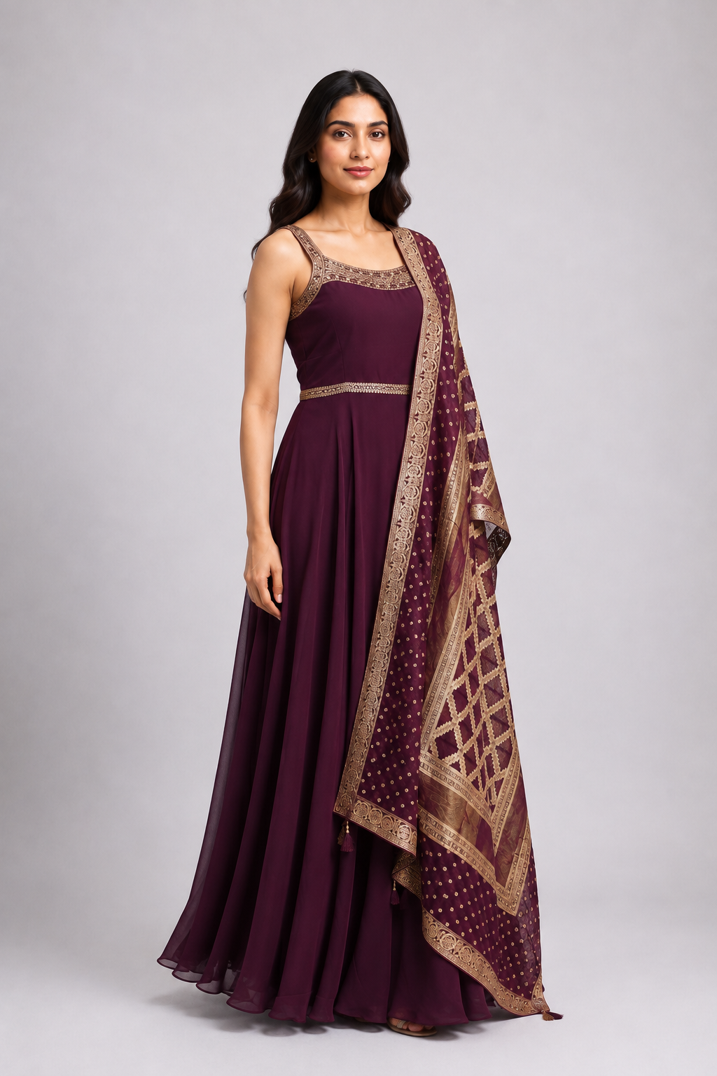Wine Embellished Anarkali Dress with Dupatta