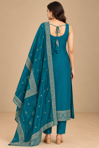 Teal Blue Embroidered Kurta Set with Printed Dupatta