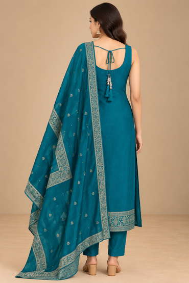 Teal Blue Embroidered Kurta Set with Printed Dupatta