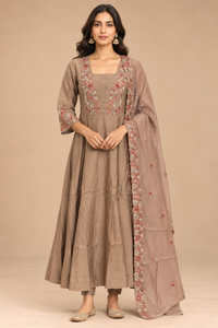 Embroidered Taupe Anarkali Suit Set with Dupatta