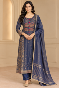 Midnight Navy Blue Embroidered Kurta Set with Dupatta