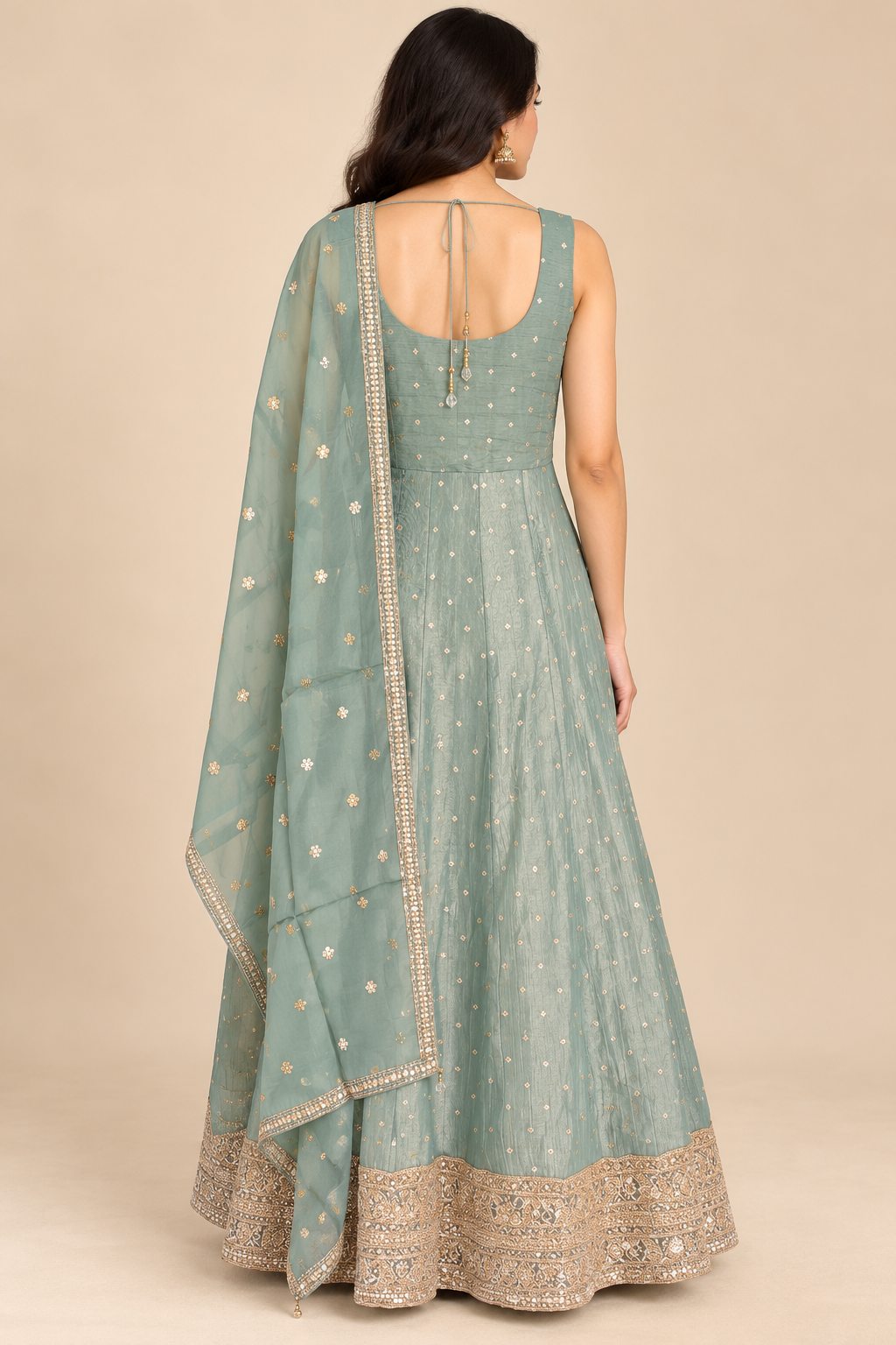 Sage Green Embroidered Anarkali Gown with Dupatta