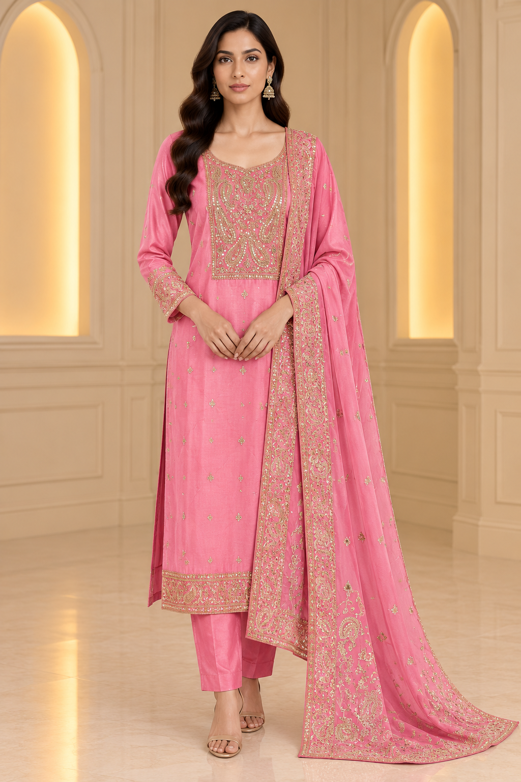 Pink Embroidered Straight Suit Set with Designer Dupatta
