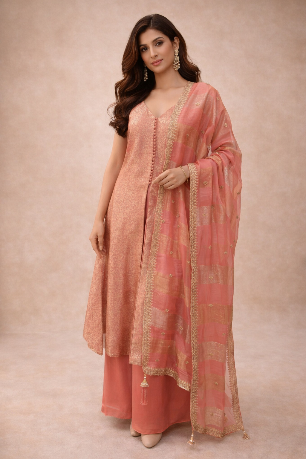 Peach Brocade Silk Kurta Palazzo Set with Dupatta