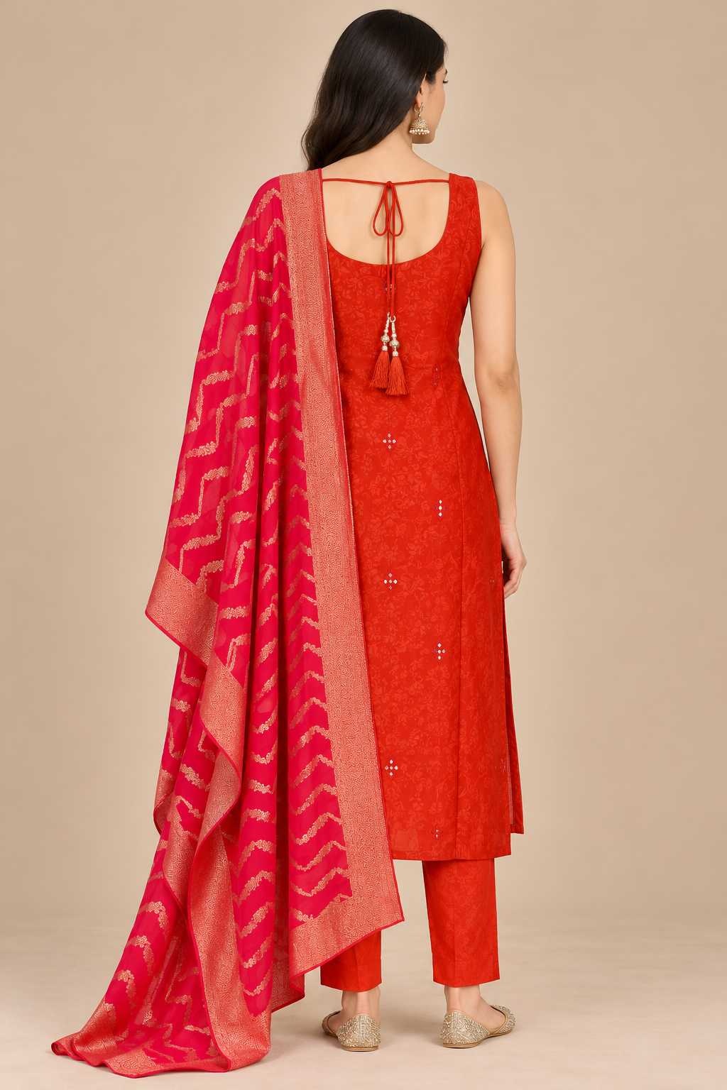 Rust Embroidered Straight Suit Set with Pink Dupatta for Women