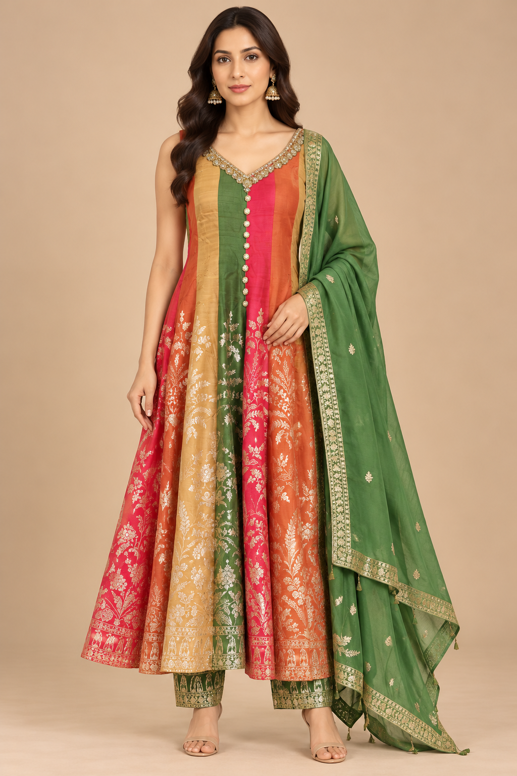 Multicolor Floral Embroidered Anarkali Suit Set with Green Dupatta