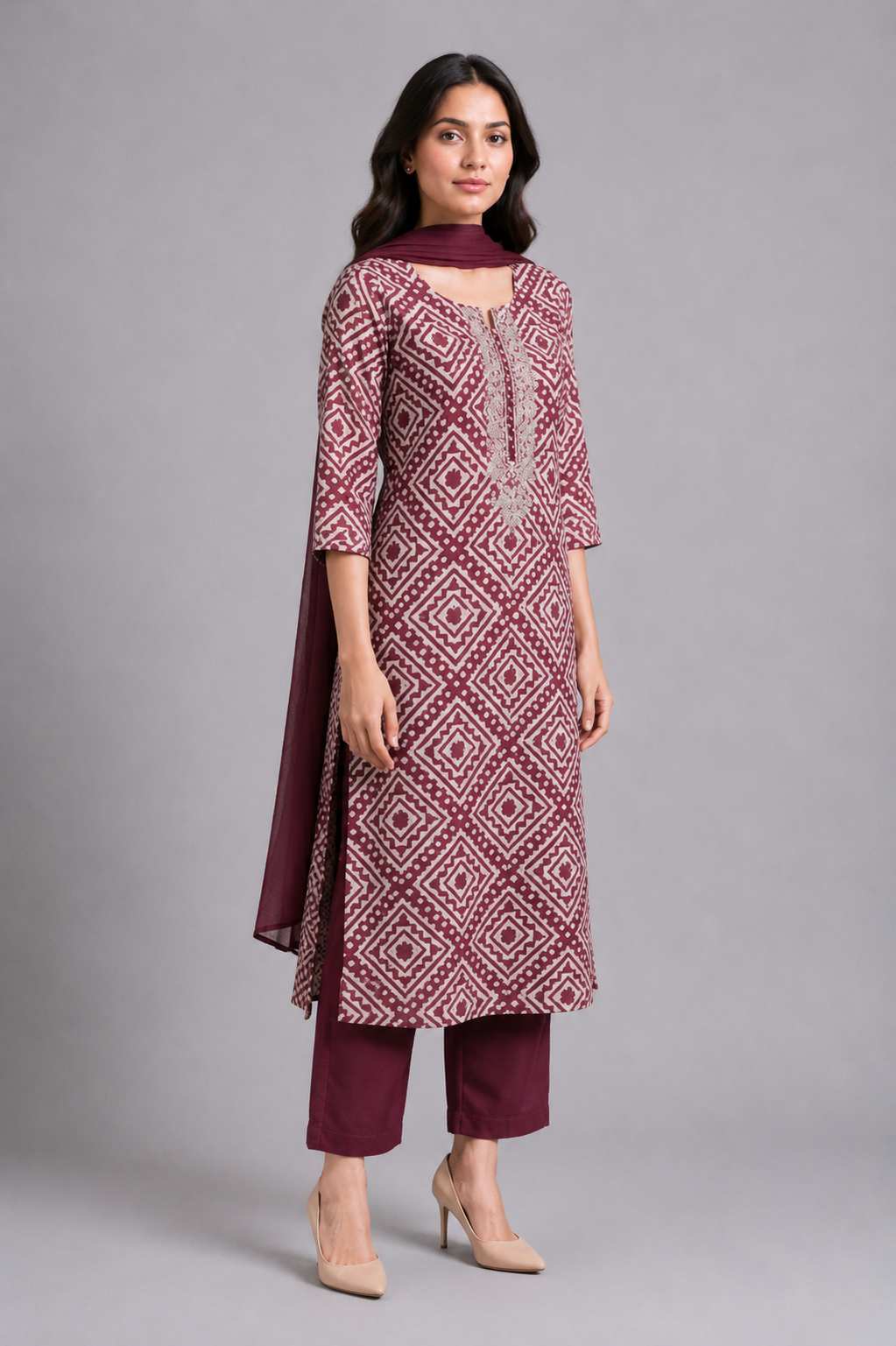 Mauve Printed Straight Kurta Pant Set with Dupatta