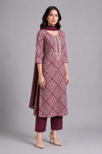 Mauve Printed Straight Kurta Pant Set with Dupatta