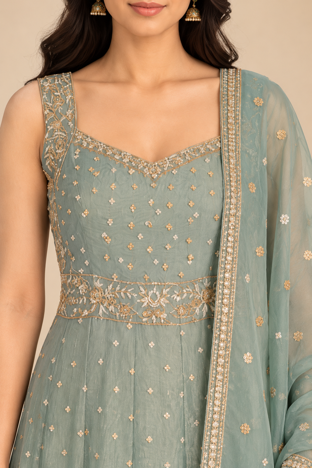 Sage Green Embroidered Anarkali Gown with Dupatta