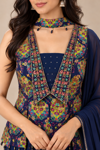 Navy Blue Printed Anarkali Suit with Dupatta