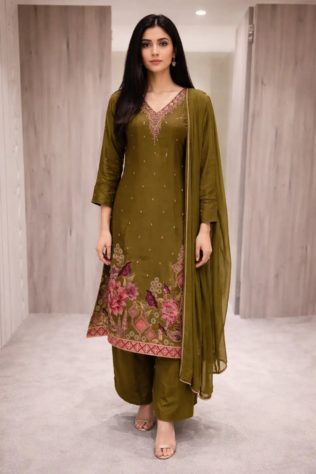 Olive Green Floral Embroidered Kurta Set with Dupatta