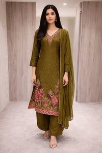 Olive Green Floral Embroidered Kurta Set with Dupatta