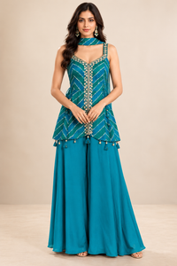 Teal Blue Embroidered Peplum Top with Palazzo Pants Set