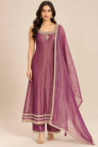 Plum Purple Embroidered Kurta Pant Set with Dupatta