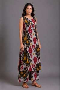 Multicolor Ikat Print Kurta Palazzo Set with Mirror Work