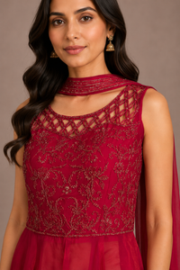 Ruby Pink Tissue Embroidered Sharara Set