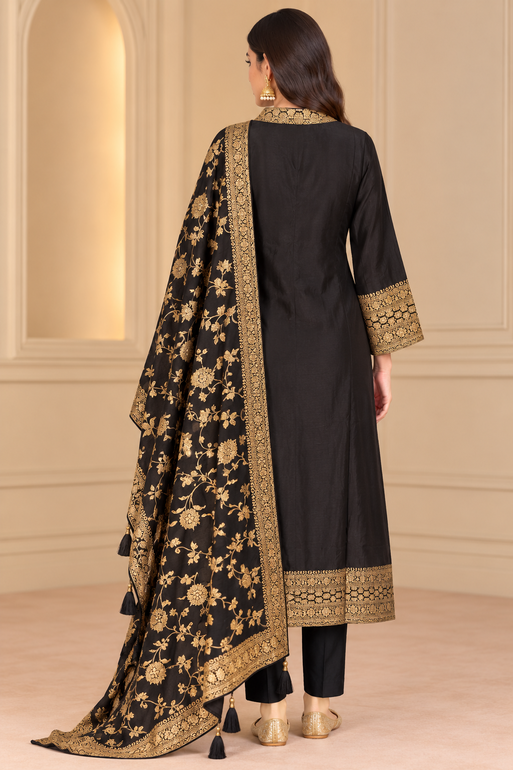 Black & Gold Embroidered Kurta Set with Printed Dupatta