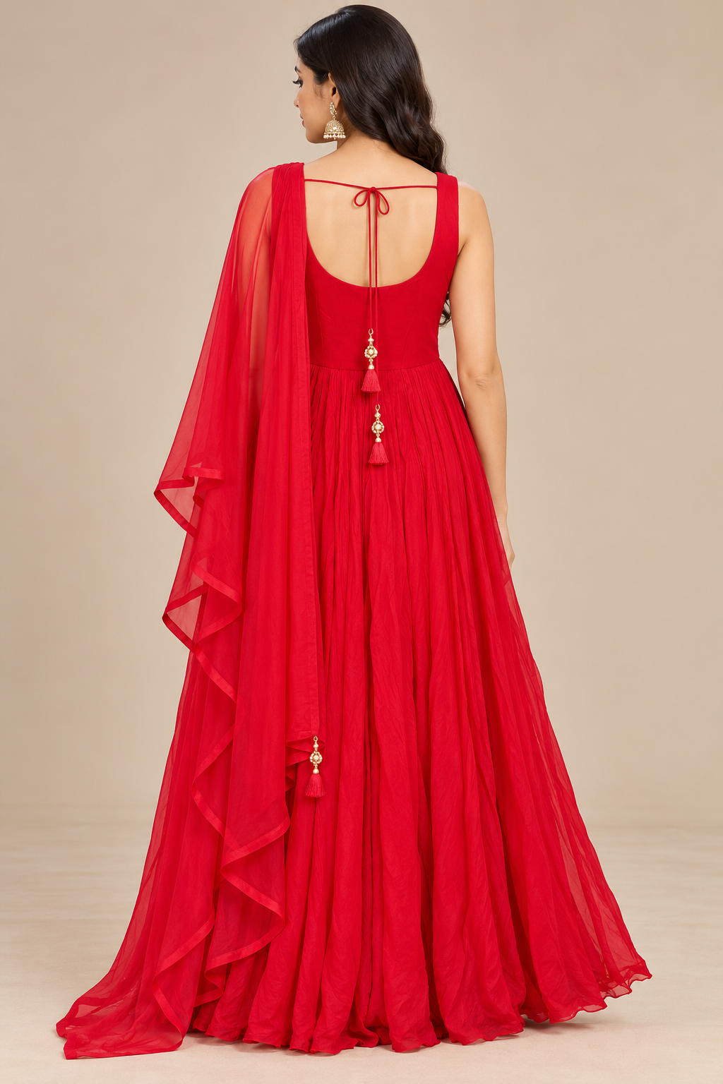 Red Embellished Floor-Length Anarkali Gown with Dupatta for Women