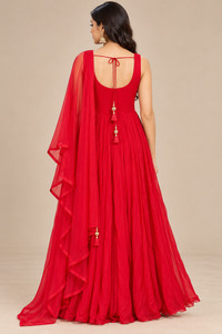 Red Embellished Floor-Length Anarkali Gown with Dupatta for Women