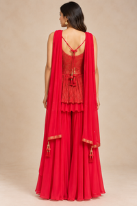 Coral Red Brocade Silk Sharara Set