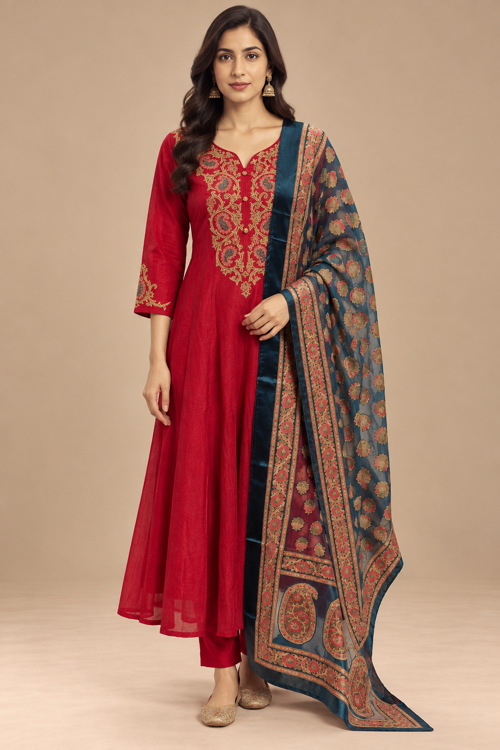 Red Anarkali Kurta Pant Set with Printed Navy Blue Dupatta