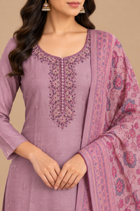 Mauve Embroidered Kurta Set with Floral Printed Dupatta