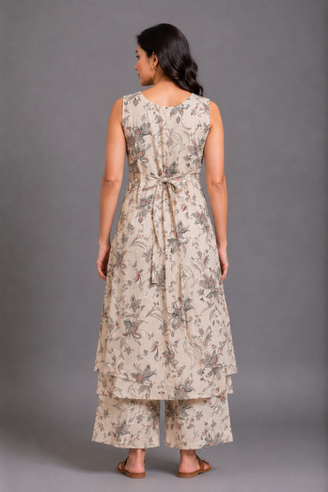 Beige Floral Print Kurta Palazzo Set with Embroidered Detail
