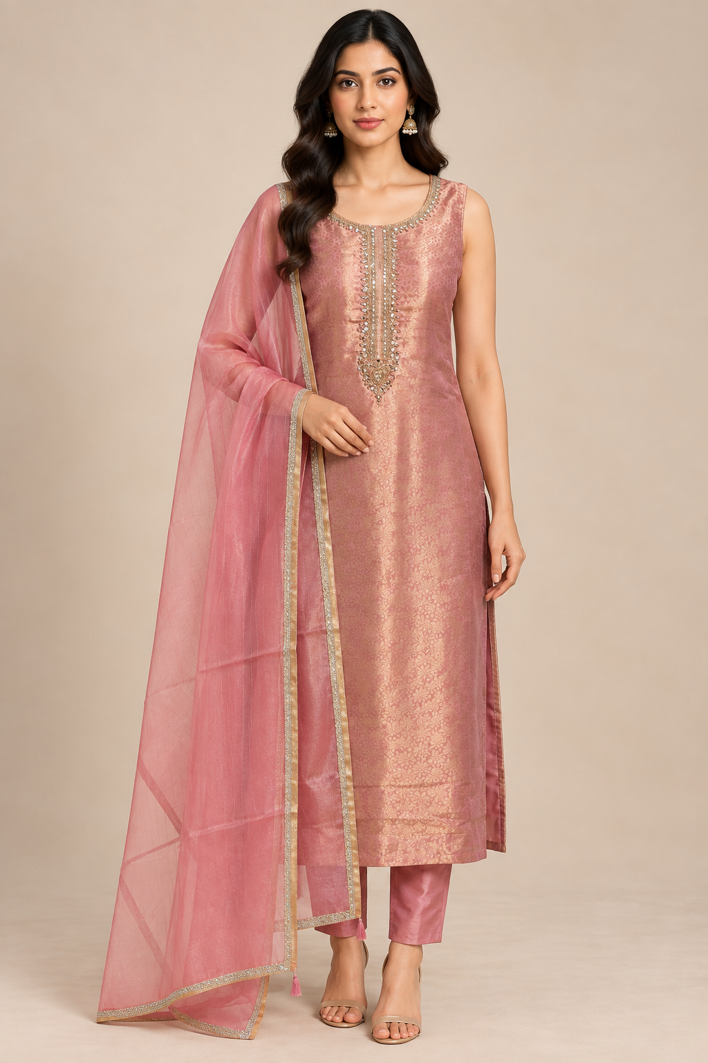 Pink Jacquard Straight Kurta Pant Set with Embellished Dupatta