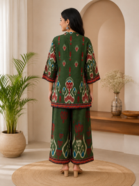 Olive Green Muslin Printed Kurta Set with Palazzo Pants