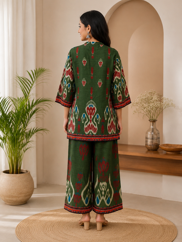 Olive Green Muslin Printed Kurta Set with Palazzo Pants