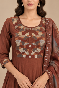 Brown Embroidered Anarkali Kurta Set with Floral Organza Dupatta