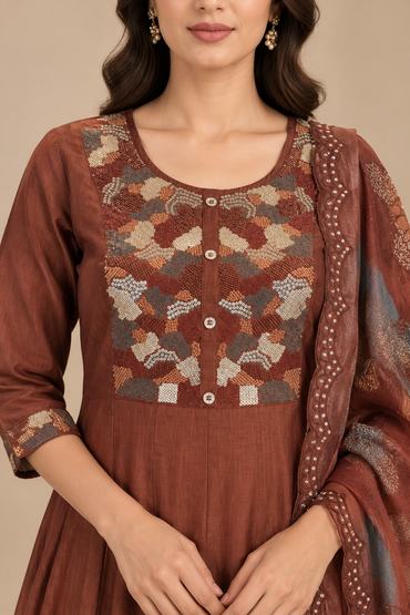 Brown Embroidered Anarkali Kurta Set with Floral Organza Dupatta