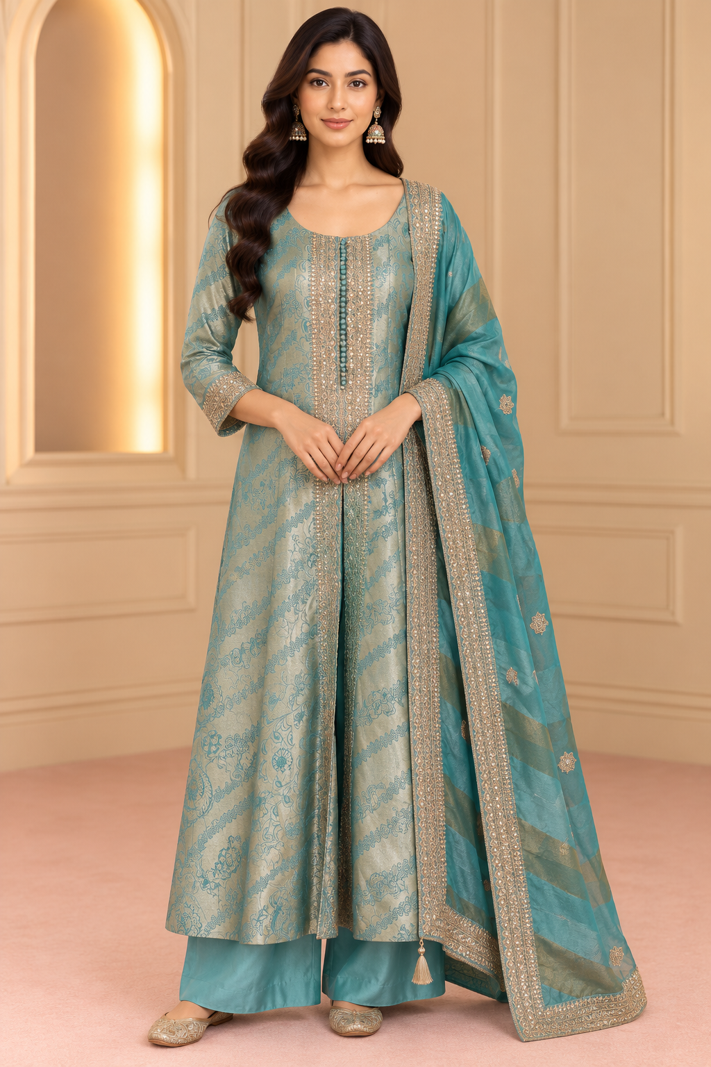 Teal Blue Jacquard Anarkali Kurta Set with Dupatta