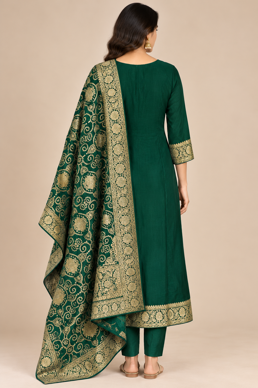 Dark Green Embroidered Kurta Set with Gold Brocade Dupatta