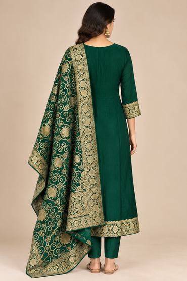 Dark Green Embroidered Kurta Set with Gold Brocade Dupatta