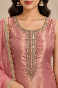 Pink Jacquard Straight Kurta Pant Set with Embellished Dupatta