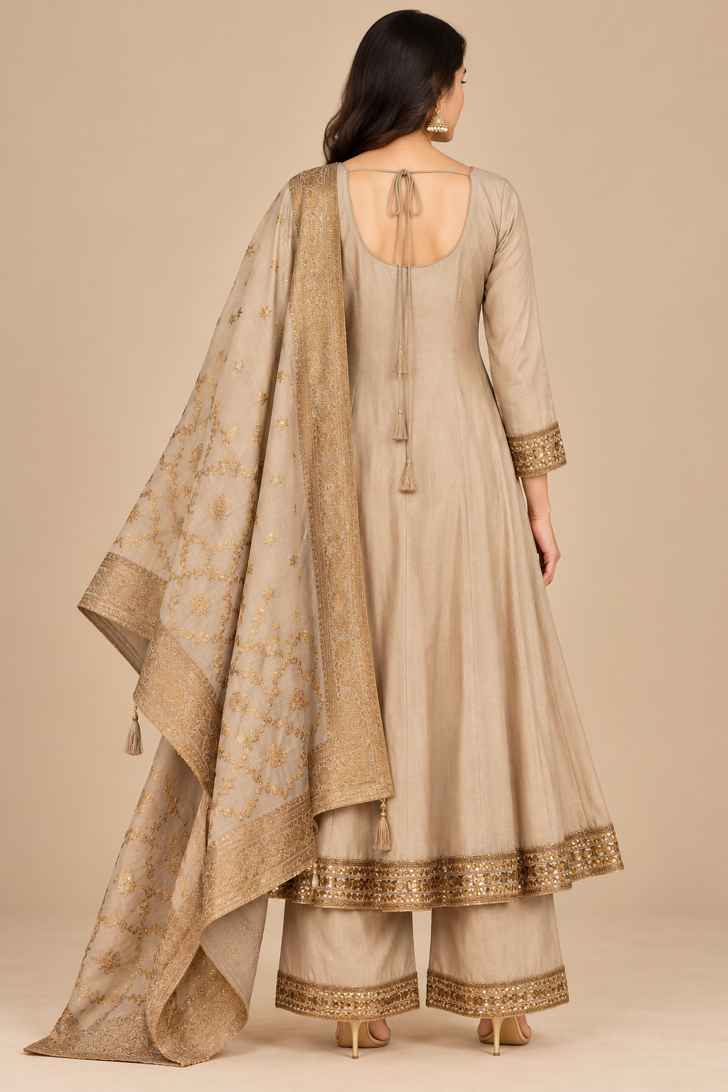 Beige Gold Embroidered Anarkali Suit Set with Dupatta for Women