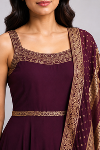 Wine Embellished Anarkali Dress with Dupatta