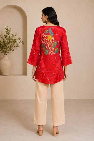 Vermilion Red Printed Silk Short Kurti