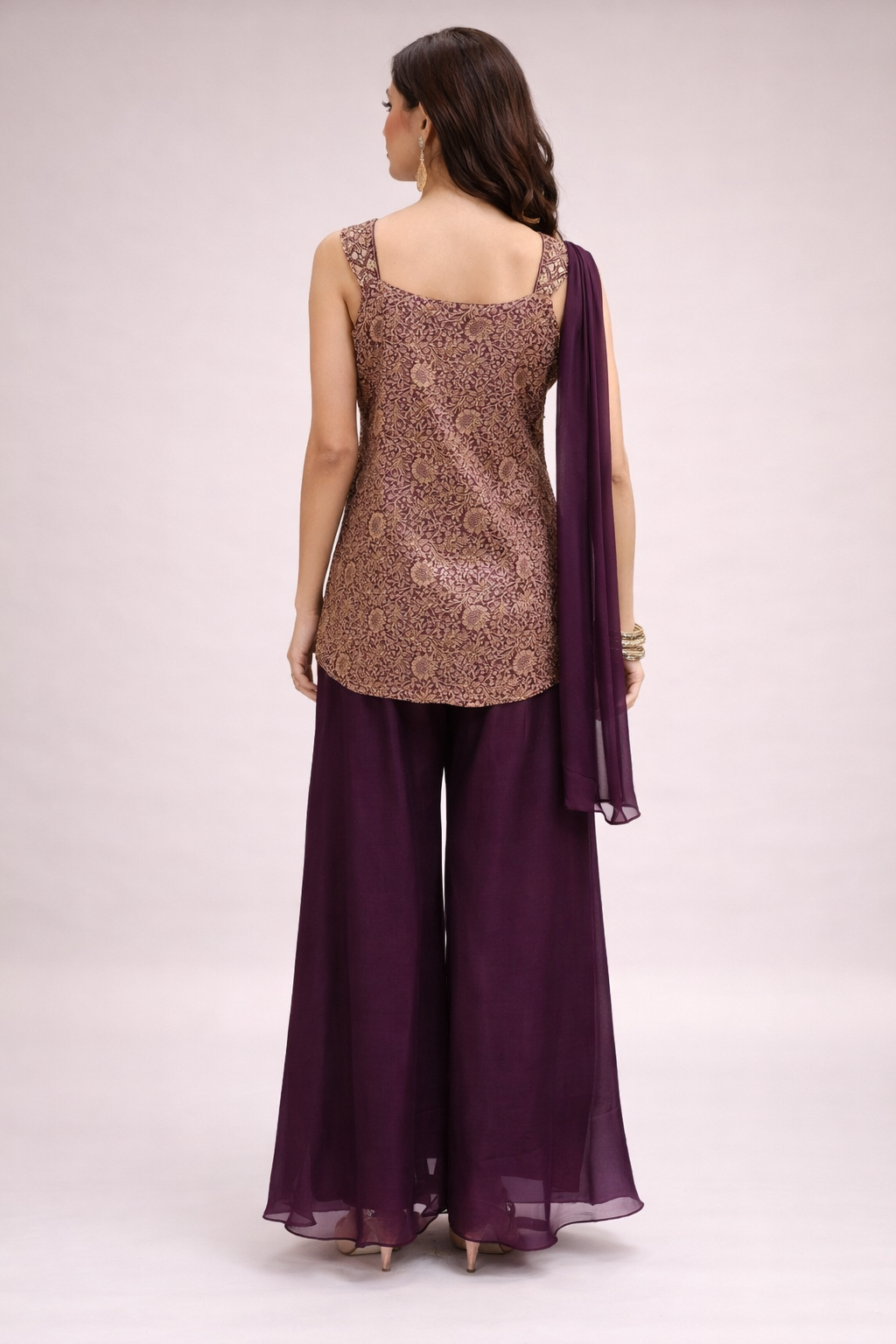 Wine Brocade Silk Co-ord Set with Embroidered Top & Dupatta