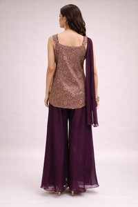 Wine Brocade Silk Co-ord Set with Embroidered Top & Dupatta