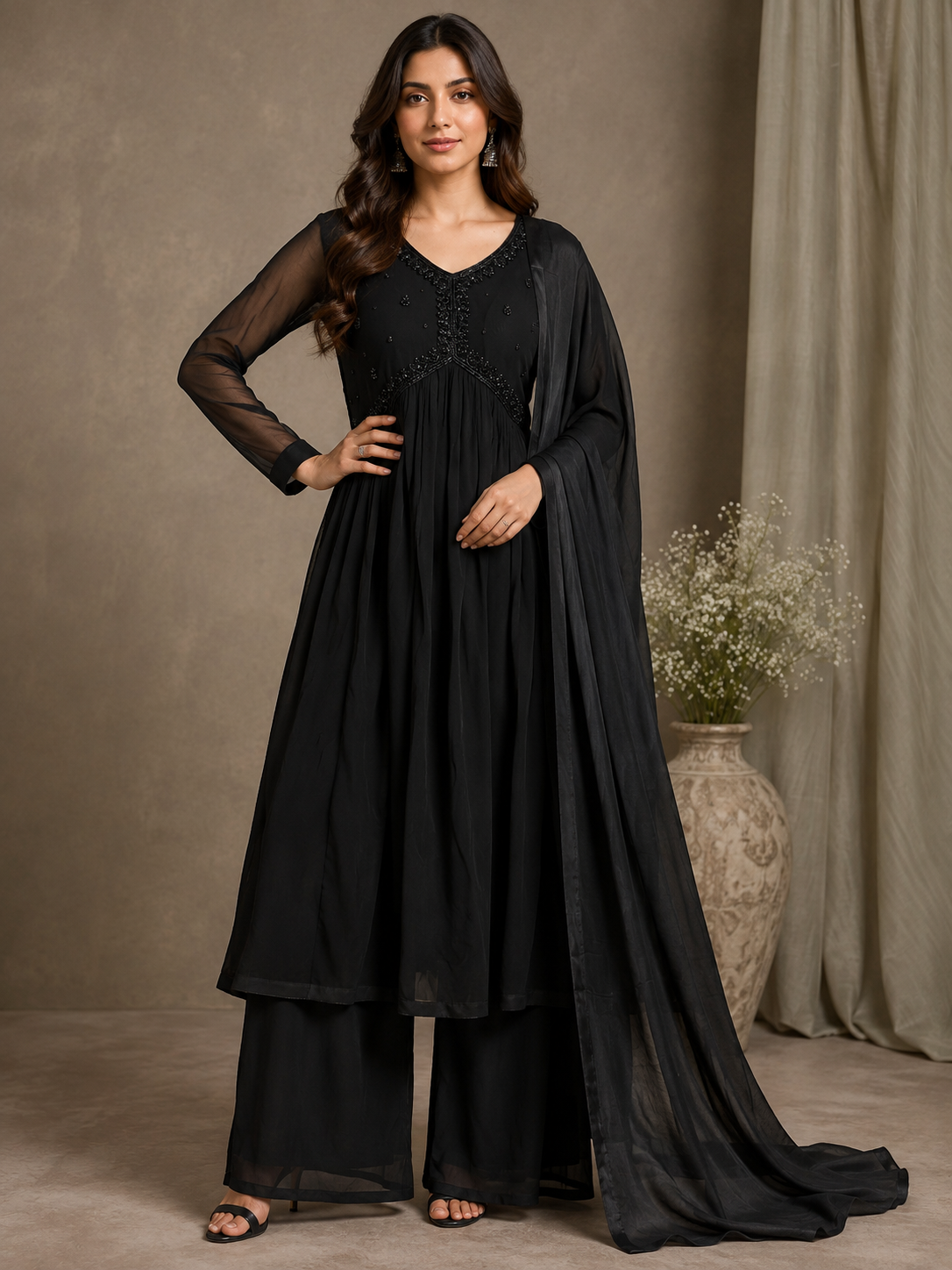 Black Embroidered Anarkali Suit Set with Dupatta