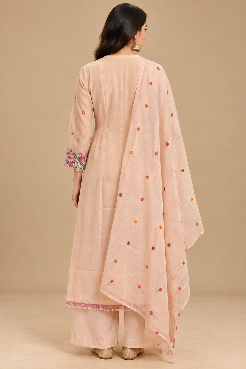 Blush Peach Mul Chanderi Embroidered Straight-Cut Suit Set