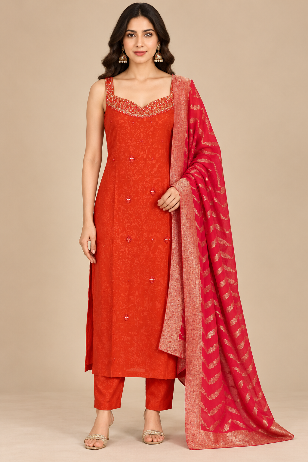 Rust Embroidered Straight Suit Set with Pink Dupatta for Women