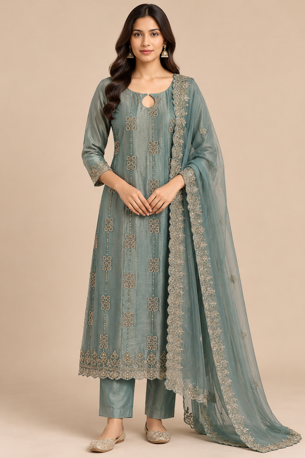 Sage Green Embroidered Kurta Pant Set with Matching Dupatta