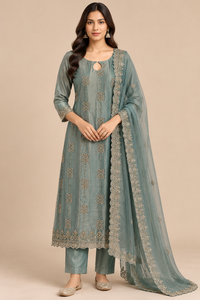 Sage Green Embroidered Kurta Pant Set with Matching Dupatta