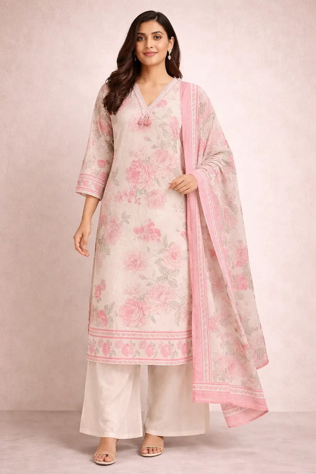 Cream Floral Printed Kurta Set with Dupatta
