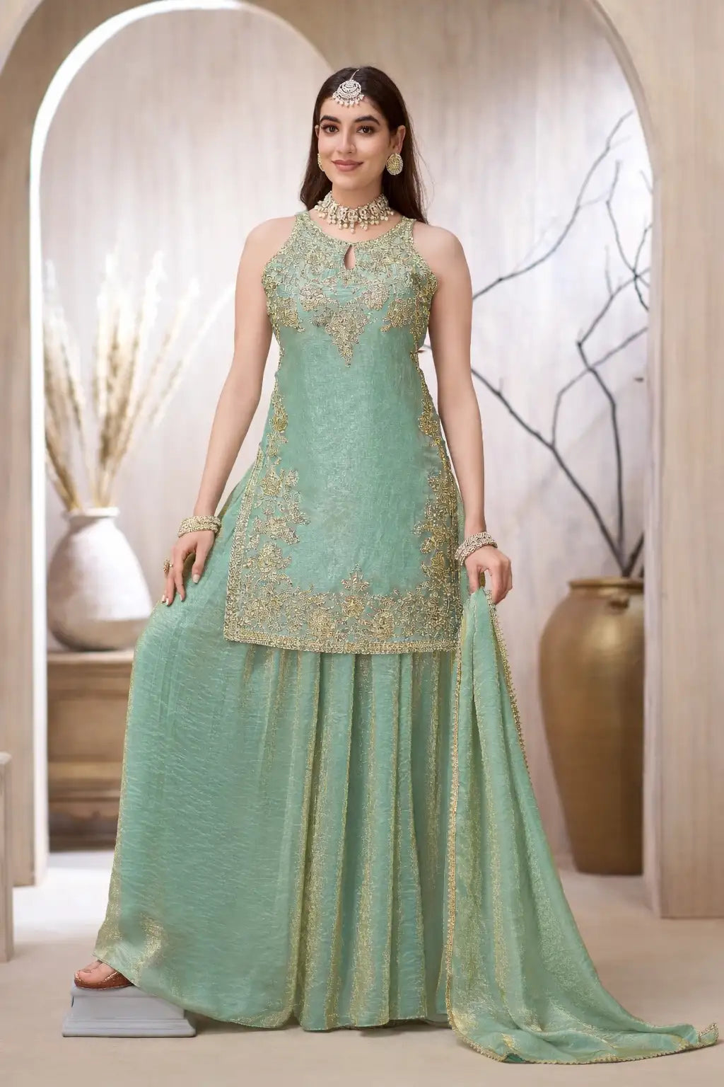 Sea Green Silk Kurta Sharara Set with Dupatta
