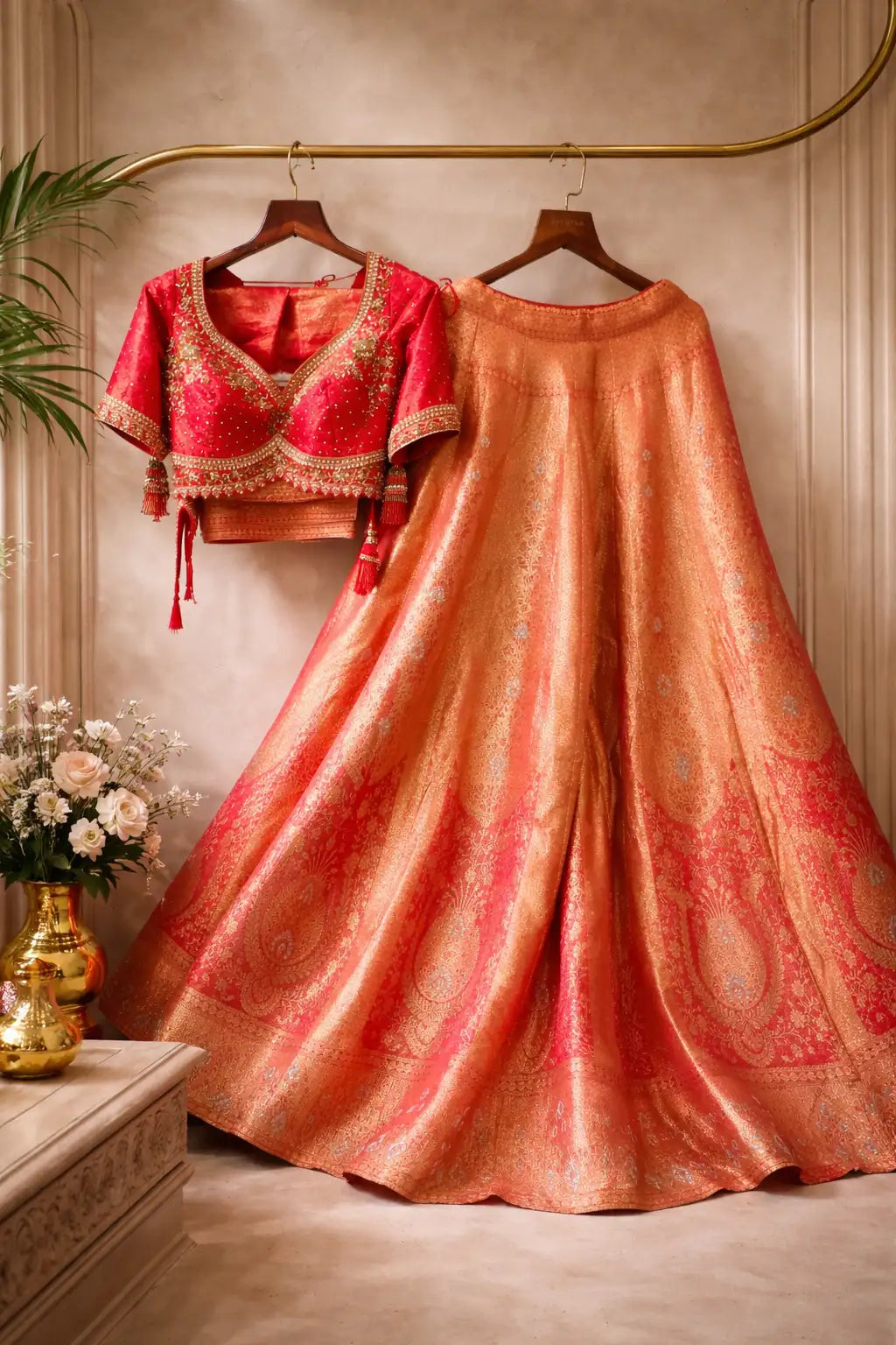 Peach Red Kanjeevaram Silk Bridal Lehenga Set
